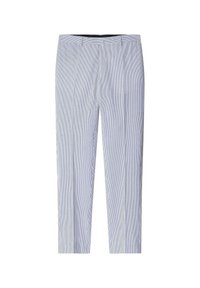 Pantaloni a righe realizzati in tessuto leggero, con strisce verticali blu e bianche, vita piatta e gamba affusolata.
