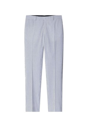 Pantaloni a righe realizzati in tessuto leggero, con strisce verticali blu e bianche, vita piatta e gamba affusolata.
