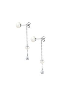 Øreringe i sterlingsølv med hvide perler og hængende kæder med sfæriske detaljer. Designet er moderne og minimalistisk.
