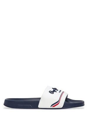 Sandalo a ciabatta blu navy con fascia bianca che presenta un testo del logo nero e strisce curve rosse e blu navy su sfondo bianco.