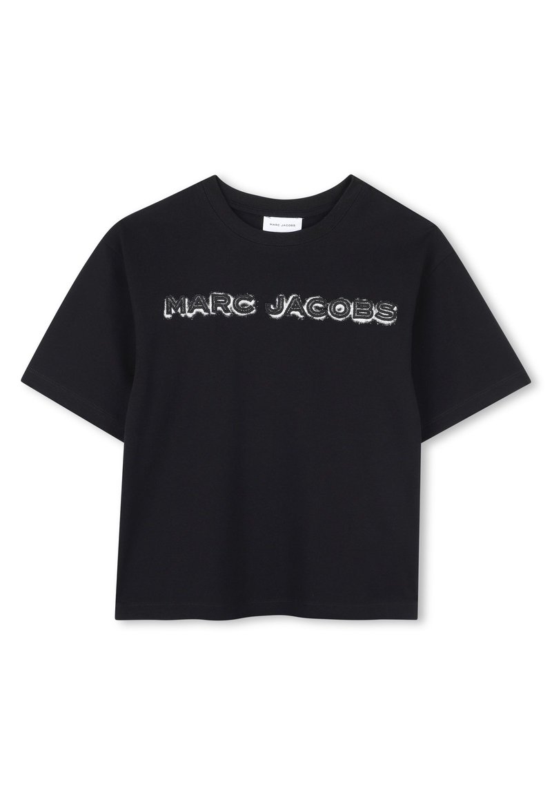 Svart bomull T-skjorte med korte ermer og rund hals. Teksten "MARC JACOBS" er tydelig vist i hvit med en slitt effekt.