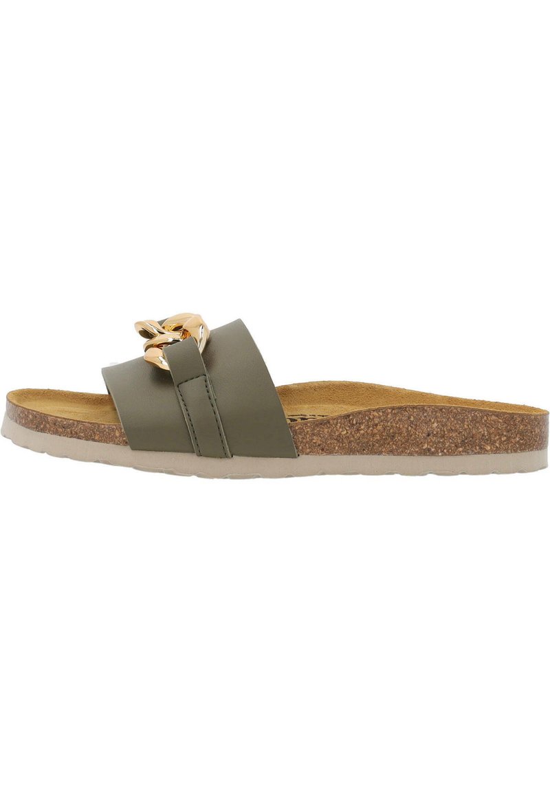 Olivgröna slide-sandaler med en bred rem och detalj i guldton, med en korkfotbädd och texturerad gummisula.