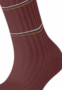 Calzini a coste bordeaux con tre righe orizzontali: argento, marrone e oro. Materiale morbido con una texture che offre comfort.