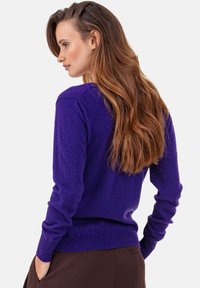 Lila Strickpullover mit langen Ärmeln und gerippten Bündchen, mit figurbetontem Schnitt und weicher Textur, getragen zu brauner Hose.