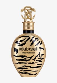 Botella de perfume con una forma dorada y redondeada que presenta rayas de tigre negras, una tapa decorativa dorada y el texto "roberto cavalli SWEET FEROCIOUS."