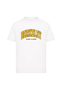 White cotton T-shirt featuring a yellow arched "BERKELEY" text and "UNIVERSITY OF CALIFORNIA" in smaller font below. Standard crew neck design.
