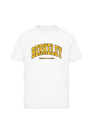 White cotton T-shirt featuring a yellow arched "BERKELEY" text and "UNIVERSITY OF CALIFORNIA" in smaller font below. Standard crew neck design.