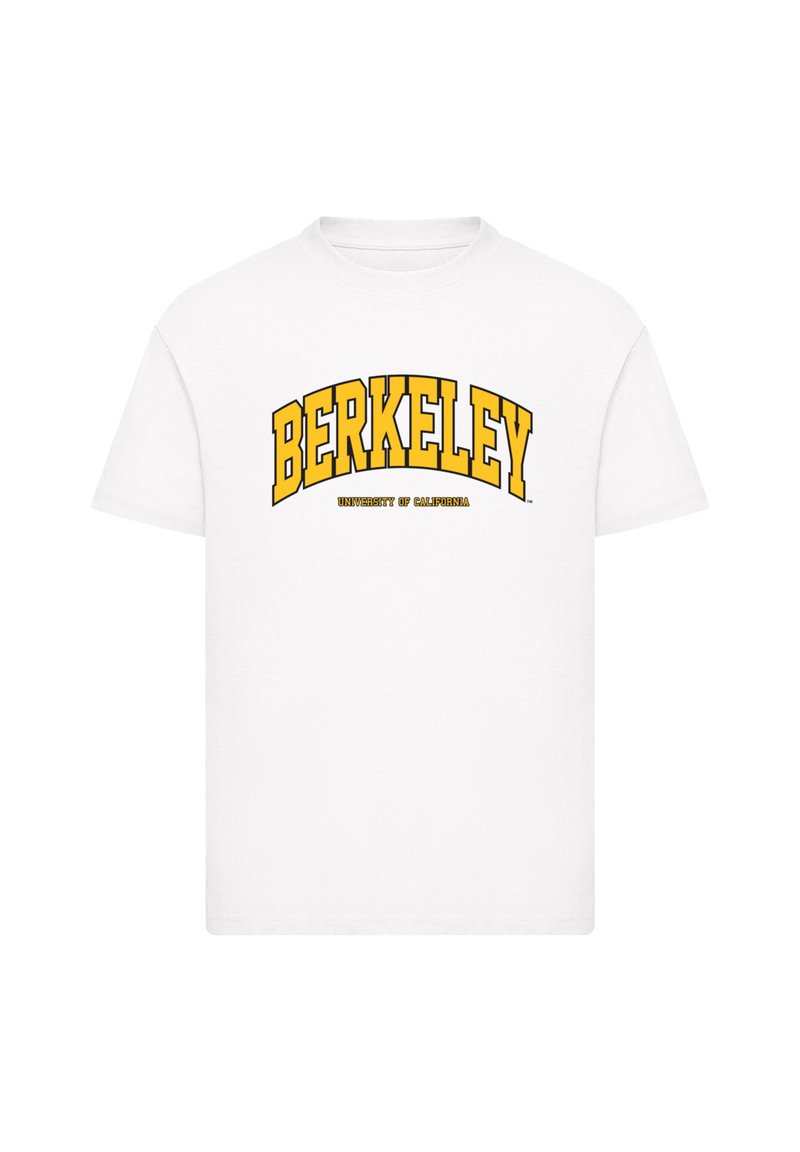 White cotton T-shirt featuring a yellow arched "BERKELEY" text and "UNIVERSITY OF CALIFORNIA" in smaller font below. Standard crew neck design.