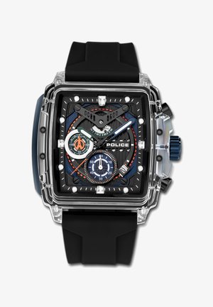 Quadratische Uhr mit transparentem Gehäuse, schwarzem Zifferblatt, weißen und blauen Akzenten, drei Subzifferblättern und einem schwarzen Gummiband. Verfügt über markante Stundenmarkierungen.