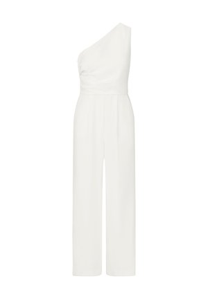One-shoulder white jumpsuit with a fitted bodice, draped detail, and wide-leg trousers. Smooth fabric with a minimalist design.