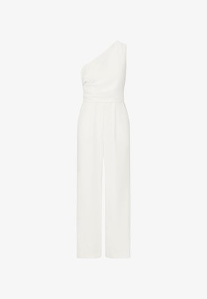 Ein-Ärmel-weißer Jumpsuit mit tailliertem Oberteil, Drapierung und weitem Bein. Glatter Stoff mit minimalistischen Design.