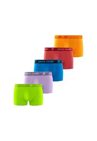 Caleçons boxers pour hommes colorés dans une gamme de couleurs : vert, lavande, bleu, rouge et orange. Chacun possède une ceinture élastique contrastante.