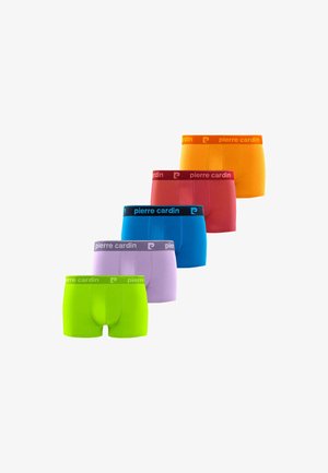 Caleçons boxers pour hommes colorés dans une gamme de couleurs : vert, lavande, bleu, rouge et orange. Chacun possède une ceinture élastique contrastante.