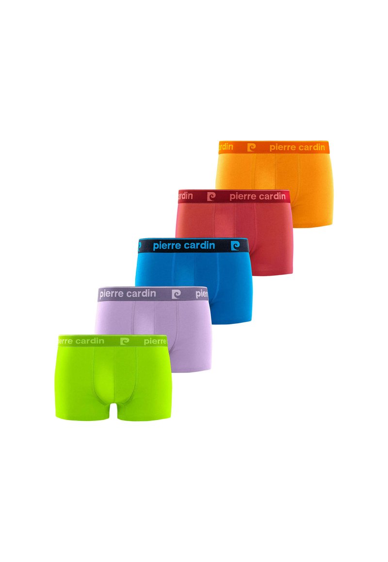 Caleçons boxers pour hommes colorés dans une gamme de couleurs : vert, lavande, bleu, rouge et orange. Chacun possède une ceinture élastique contrastante.