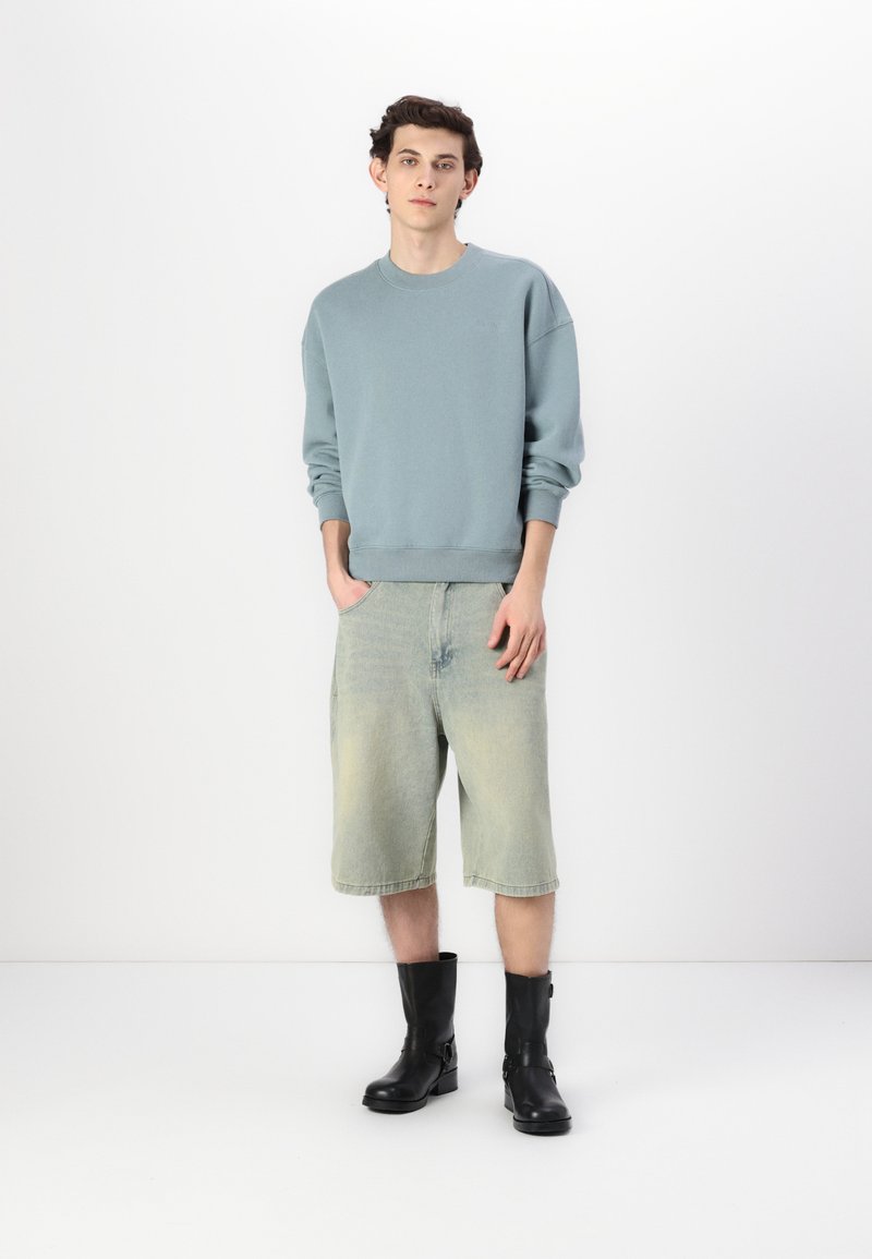 Lichtblauw sweatshirt met geribbelde manchetten, gecombineerd met vervaagde denimbroekjes. Het model draagt zwarte enkelboots met gespsluiting, staande op een witte achtergrond.