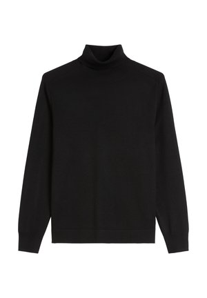 Black turtleneck sweater in soft knit fabric, featuring long sleeves, ribbed cuffs, and hem. Simple, solid color with no patterns or accents.
