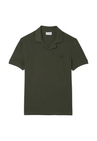 Mörkgrön polo med kort ärm, tillverkad av bomull, med en klassisk tvåknappslåning och en subtil logotyp på vänster bröstområde.