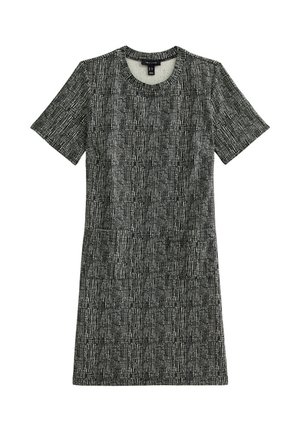 Jurk met korte mouwen in een zwart-wit gespikkeld patroon, voorzien van een ronde halslijn en een rechte pasvorm. Gemaakt van textuurstof.