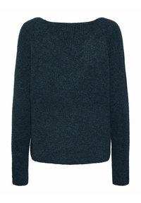 Ciemnoniebieski sweter z dzianiny z długimi rękawami, szerokim kwadratowym dekoltem, textured materiałem i luźnym krojem. Brak widocznego sprzętu lub wzorów.