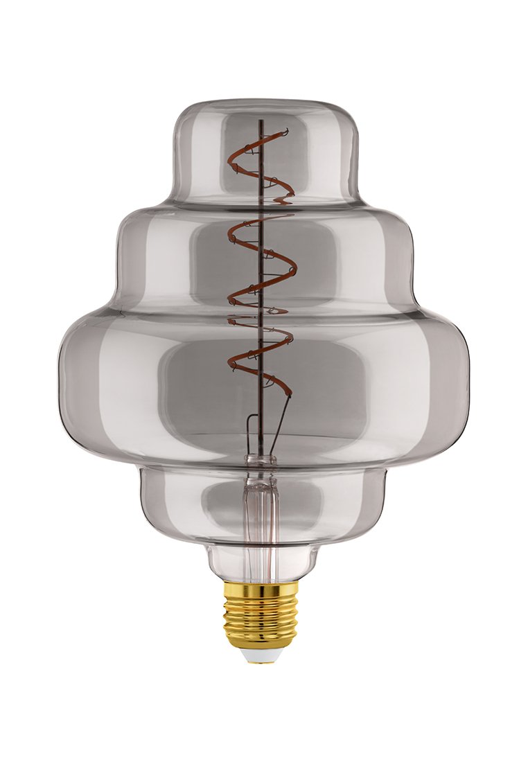Glühbirne aus Glas mit einem geschichteten, runden Design, ausgestattet mit einem Kupferdraht und einem goldfarbenen Sockel. Transparent mit einer glatten Textur.