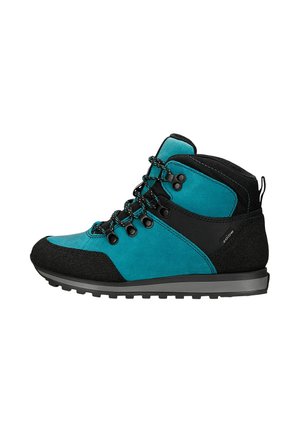 Botte de randonnée bleu sarcelle et noire avec lacets noirs, œillets métalliques, maintien de la cheville rembourré et semelle en caoutchouc résistante.