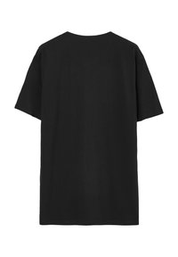 Maglietta nera a maniche corte in cotone, con scollatura rotonda e vestibilità morbida. Il retro è privo di decorazioni e presenta una texture liscia.