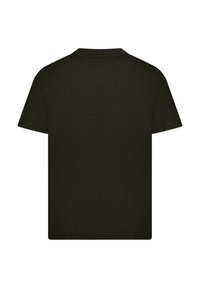 Tricou din bumbac negru cu mâneci scurte, guler rotund și un design simplu pe spate; materialul pare moale, având o textură netedă.