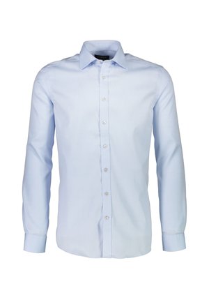 Vaaleansininen pitkähihoinen paita, joka on valmistettu sileästä kankaasta; siinä on kärjellinen kaulus, napitettu etulista ja napilla varustetut hihansuut.