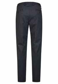 Donkergrijze broek met een subtiel gemêleerd patroon, slim fit ontwerp, twee achterzakken met knoopsluitingen en riemlussen in de taille.