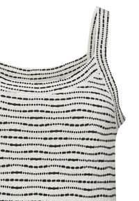 Schwarz-weiße gestreifte Tanktop mit dünnen Trägern, das horizontale Linien und gepunktete Muster auf einem gestrickten Stoff zeigt.