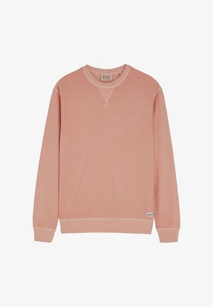 Hellrosa Sweatshirt mit langen Ärmeln und Rundhalsausschnitt, mit gerippten Bündchen und Saum, mit einem kleinen Markenlabel nahe dem unteren Saum.