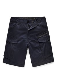 Navy cargo shorts featuring multiple side pockets, a zippered pocket, button closure, and a flat front design. Made from lightweight fabric.