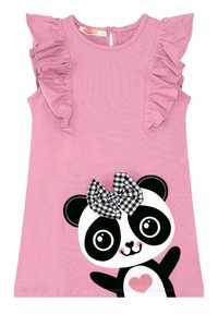 Růžové bezramínkové šaty s volánovými rameny, na přední straně s grafikou pandy a kostkovanou mašlí a detaily srdce.