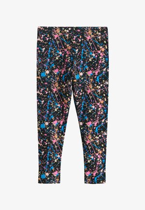 Leggings elasticizzati con base nera e motivo maculato multicolore in tonalità rosa, blu, arancione e crema. Tessuto dalla texture liscia.