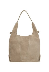 Sac à épaule en daim beige avec une seule sangle, texture douce et détails de couture subtils sur le panneau avant.