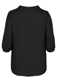 Černá blůza s límečkem a tříčtvrtečními balónovými rukávy. Hladká látka, volný střih a zakřivený lem vzadu.