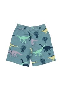 Blaue Baumwollshorts mit einem Dinosaurier-Muster in grünen, pinken und gelben Farbtönen, mit einem elastischen Bund für zusätzlichen Komfort.