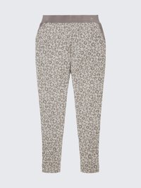 Bikini-print housut beige sävyissä, joissa on kiinteä harmaa vyötärö. Slim fit -leikkaus, pehmeä pinta ja nilkkapituinen muotoilu.