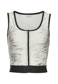 White athletic crop top with gold marble pattern, black trim, and a front zipper. Features a black elastic waistband with embossed lettering.