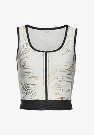 Weißes sportliches Croptop mit goldfarbenem Marmor-Muster, schwarzem Besatz und einem Reißverschluss vorne. Verfügt über einen schwarzen elastischen Bund mit eingeprähtem Schriftzug.