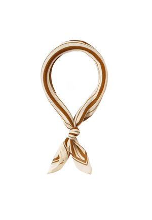 Foulard in seta caratterizzato da un design attorcigliato con strisce alternate marroni e crema. Texture sottile e liscia con un centro annodato.