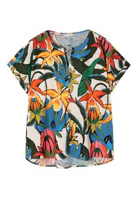 Cămașă cu mânecă scurtă, florală, având un guler cu nasturi, culori vibrante și un model tropical cu diverse flori și frunze pe un fundal deschis.