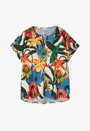 Rövid ujjú virágmintás ing, gombos elülső résszel, élénk színekkel, trópusi mintával, különböző virágokkal és levelekkel egy világos háttéren.