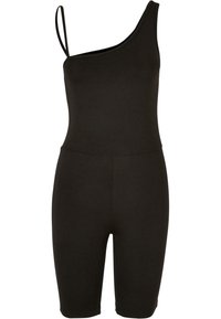 Svart en-skulder bodysuit laget av elastisk materiale, med tettsittende shorts som når midt på låret. Minimalistisk design med tynne stropper.