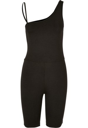 Must mustapane ühekohaline bodysuit venivast materjalist, millel on keha lähedal sobivad lühikesed püksid, mis ulatuvad reie keskosa. Minimalistlik disain õhukeste rihmadega.