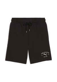 Shorts noirs en coton avec une taille élastique et un cordon de serrage ajustable. Ils arborent un logo blanc indiquant "PUMA ATHLETICS" ainsi qu'un graphique.