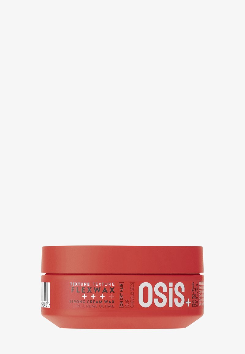 Contenitore rosso di Osis+ Flexwax, crema cerosa forte per capelli secchi, con coperchio avvitabile e dettagli del prodotto sul lato.