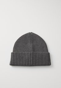 Knitted gray beanie with a folded ribbed cuff, featuring a smooth texture and a conical top for snug fitting.