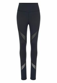 Schwarze Leggings aus dehnbarem Material mit Netzpaneelen an den Seiten, ausgestattet mit einem hohen Taillenbund und einer figurschmeichelnden Silhouette.