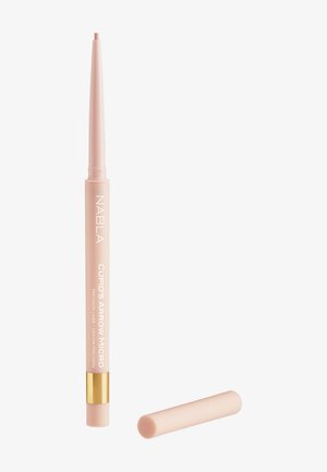 Crayon eye-liner rétractable de précision rose clair avec accent doré et bouchon assorti posé à côté sur fond blanc.